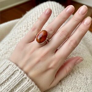 Vintage Red Coral and 925 Silver Ring with Cabochon Stone cut.